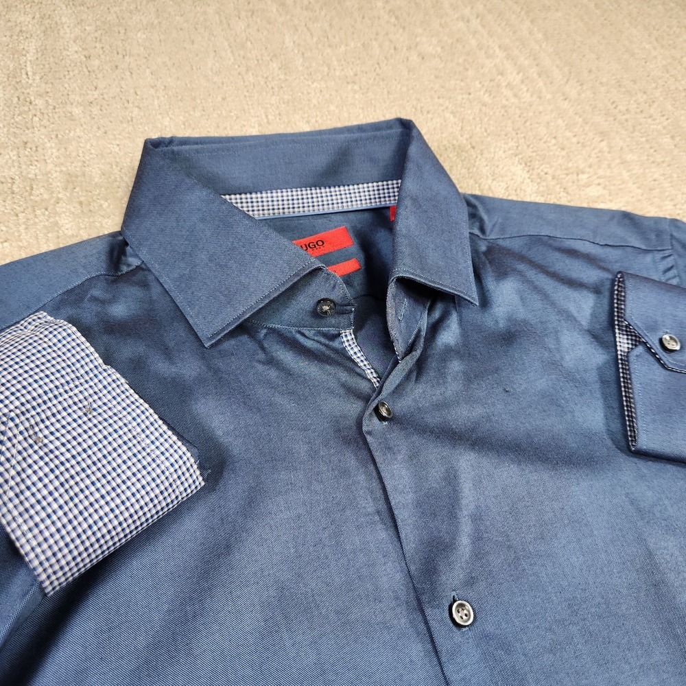Hugo Boss Shirt Men 42 15.5 Blue Plaid Flip Cuff Button Up Luxury Wealth